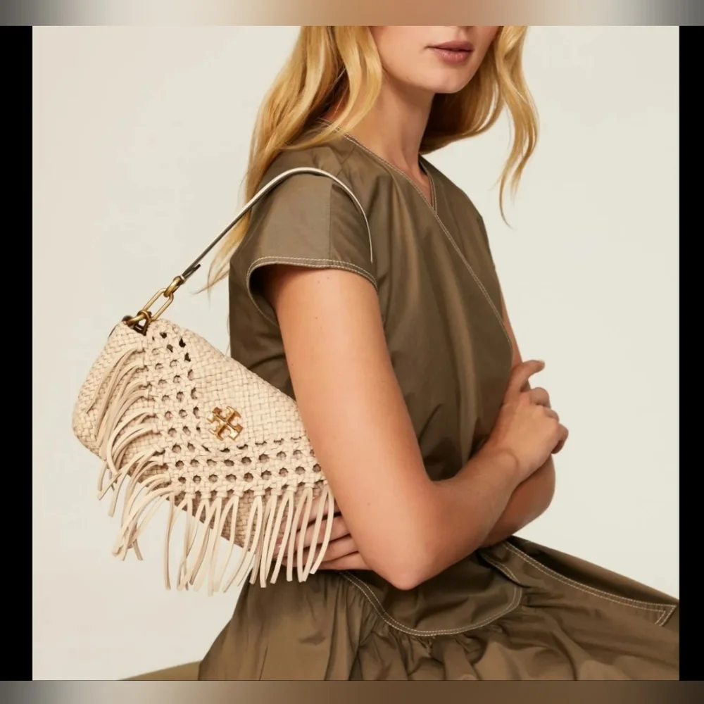 Tory Burch Ivory Woven Fringe Crossbody with Gold Hardware